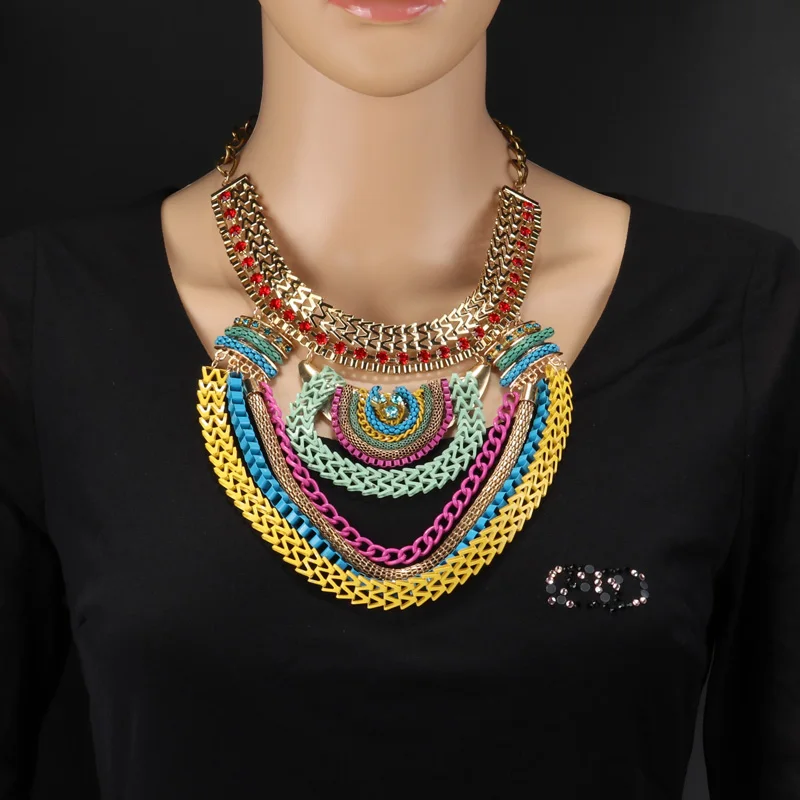 Seblasy Ethnic Bohemian Maxi Tibet Multi Layer Metal Chain Exaggeration Statement Geometric Crystal Choker Necklaces for Women |