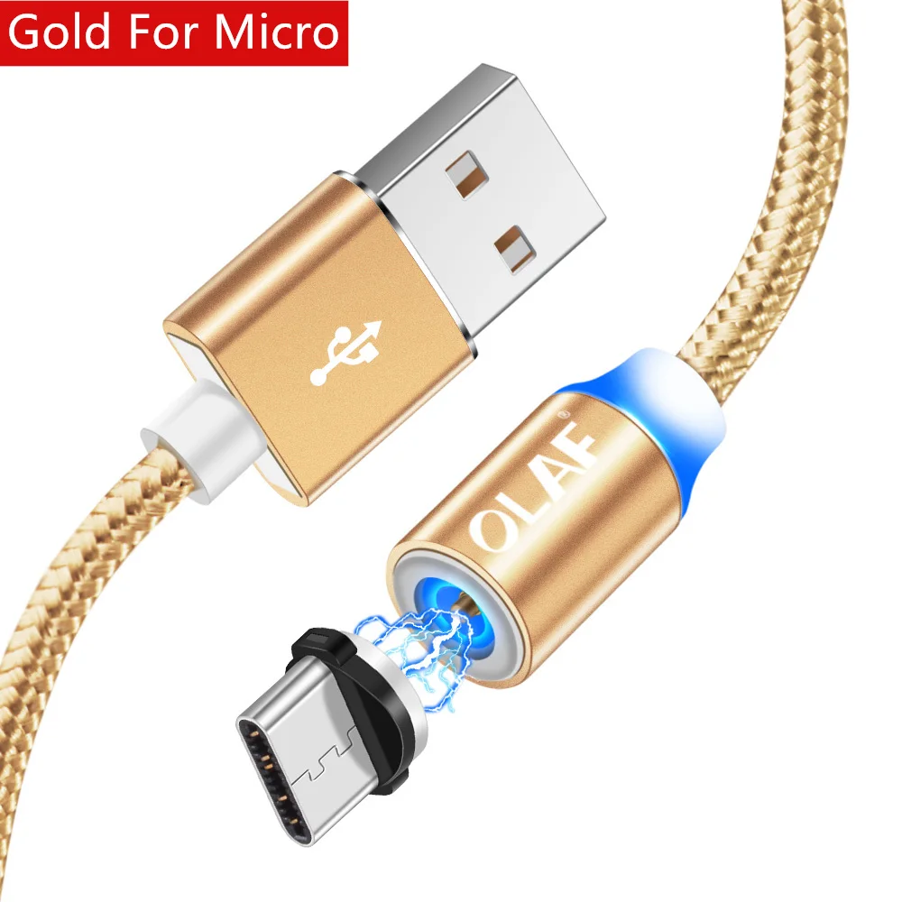 Магнитный светодиодный кабель OLAF, нейлоновый кабель Micro usb type C для iPhone X, XS, Max, samsung, S9, S8, huawei, Xiaomi, USB-C, магнитный шнур для зарядного устройства - Цвет: Gold For Micro