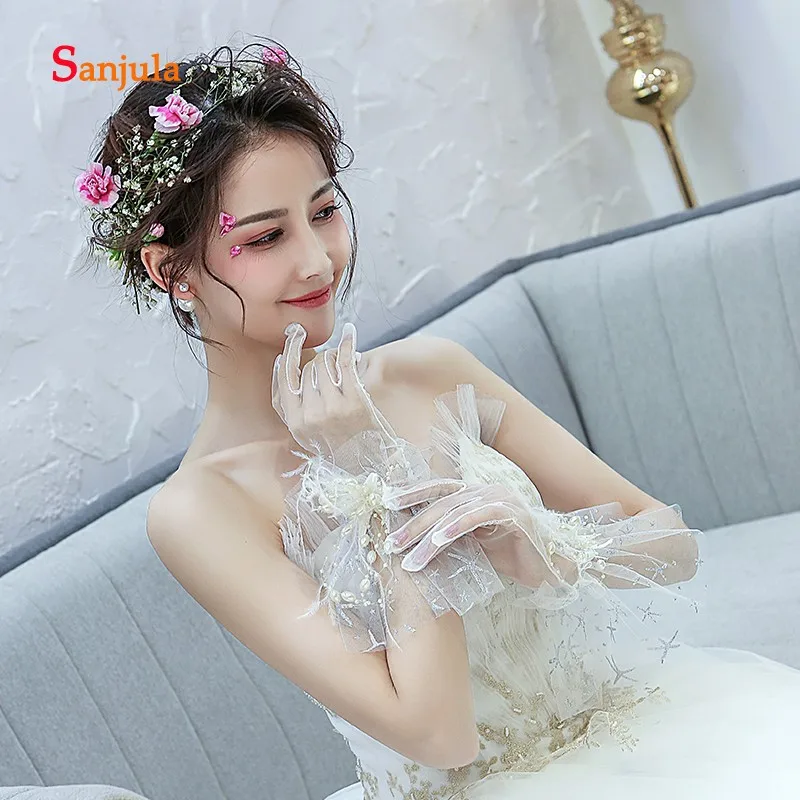 Перчатки для свадьбы Элегантные с мятыми перьями жемчужные перчатки аксессуары