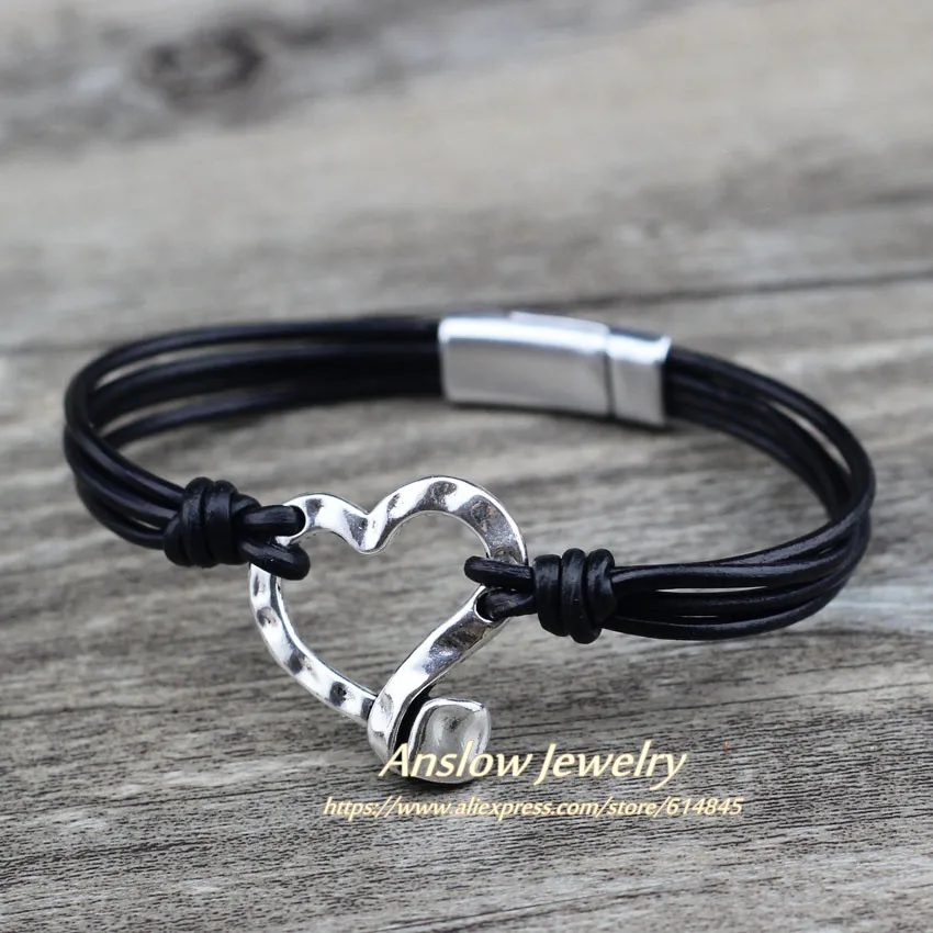 Black Anslow модные ювелирные изделия Винтаж Ретро ручной работы DIY Шарм Сердце кожаный магнитный браслет для женщин мужчин Черная пятница LOW0742LB - Окраска металла: Black