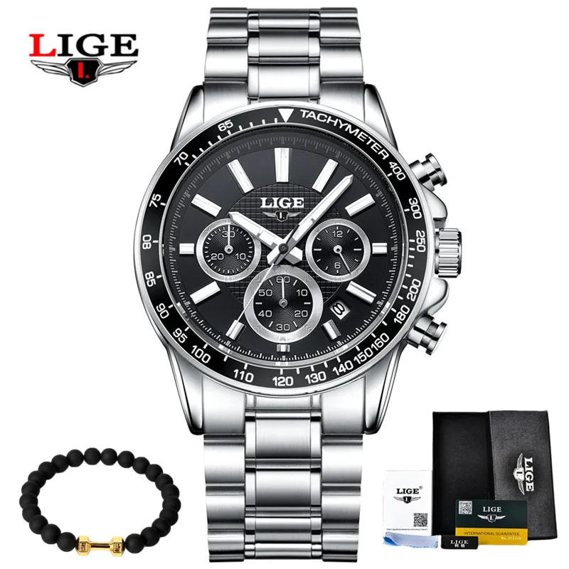 steel black LIGE, мужские часы, Топ бренд, Роскошные Кварцевые часы, час, дата, часы, модные, повседневные, стальные часы, мужские, военные, Erkek Kol Saat - Цвет: steel black