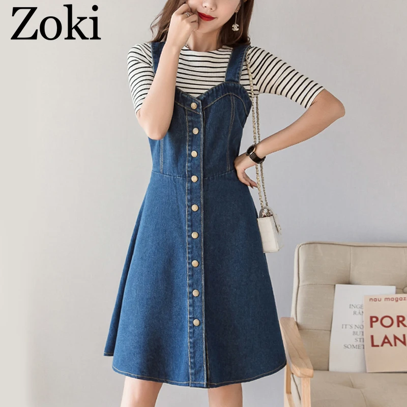 

Женское джинсовое платье Zoki большого размера, однобортное летнее платье средней длины с завышенной талией из синей джинсовой ткани, повседневное Хлопковое платье