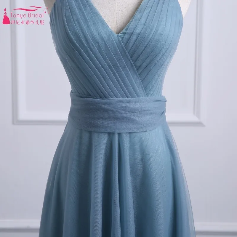 

A Line Bridesmaid Dresses V Neck Grey Blue Soft Tulle Long Simple Wedding Guest Dresses Real Photo Vestido De Festa DQG117