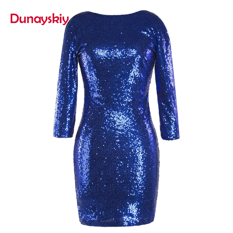 Dunayskiy Women Spring Sexy Slim 8 Colors Sequined O-Neck Dresses Female Backless Three Quarter Sleeve Shiny Mini Party Dresses