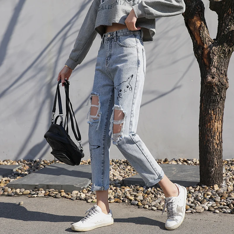 Джинсы женские винтажные с дырками прямые свободные рисунком Пикачу #8012|Прямые