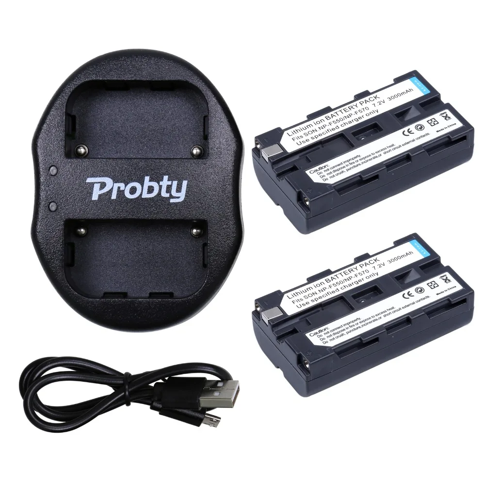 

PROBTY 2Pcs NP-F550 NP F570 F550 F530 Camera Battery + Portable Dual USB Charger For SONY HD1000C 198P 190P 2100E Z1C 5C 7C LED