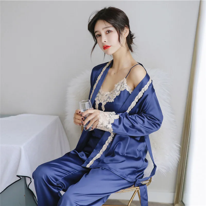 Осенняя Шелковая пижама женская зимняя рубашка с длинными рукавами из ледяного