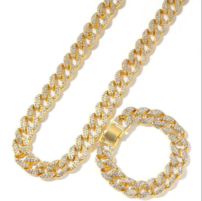 2 шт./компл. для мужчин хип-хоп iced out bling Chain Ожерелье и браслеты 15 мм ширина кубинские цепи ожерелье s ювелирные изделия Хип-хоп подарки - Окраска металла: Золотой цвет