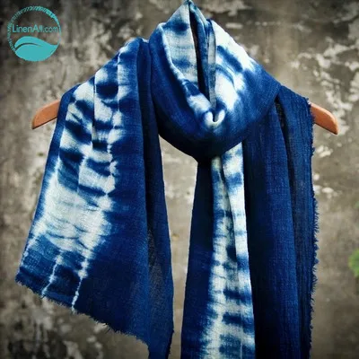 

LinenAll scarves women's blue 100% natural cotton indigo 100% handmade plant blue dyeing scarves shawls female or male 65x190cm