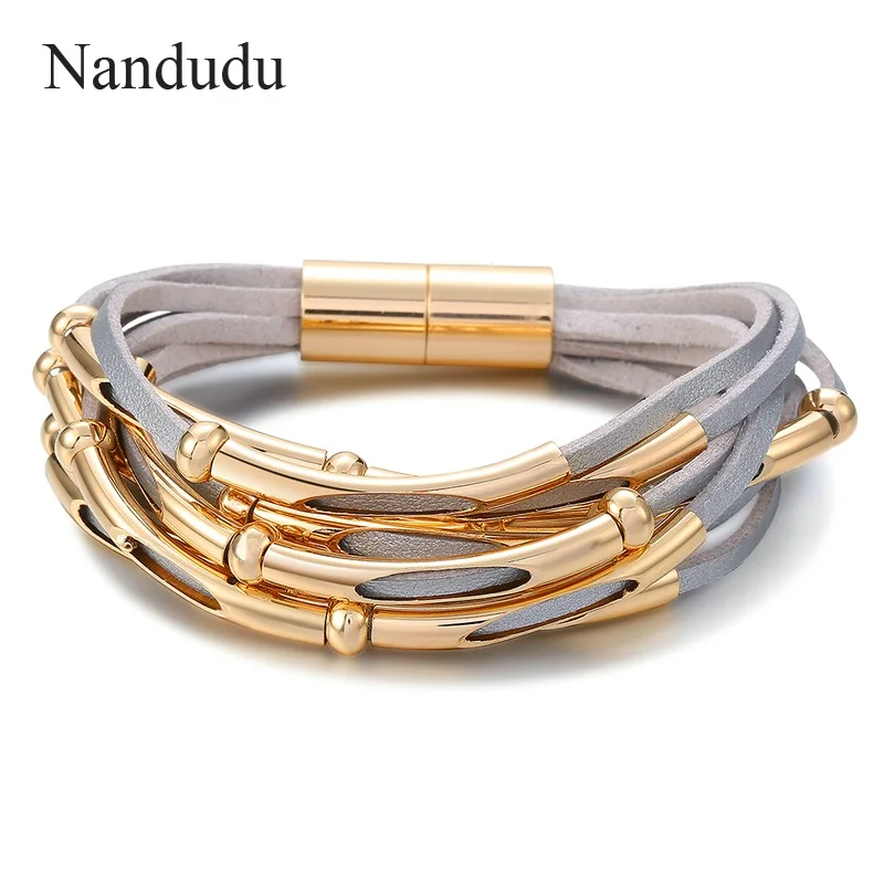 B1091 Nandudu Модный черный и серый Плетеный кожаный шнур браслеты для женщин модные ювелирные изделия магнитные застежки браслеты подарок B1091 - Окраска металла: B1091