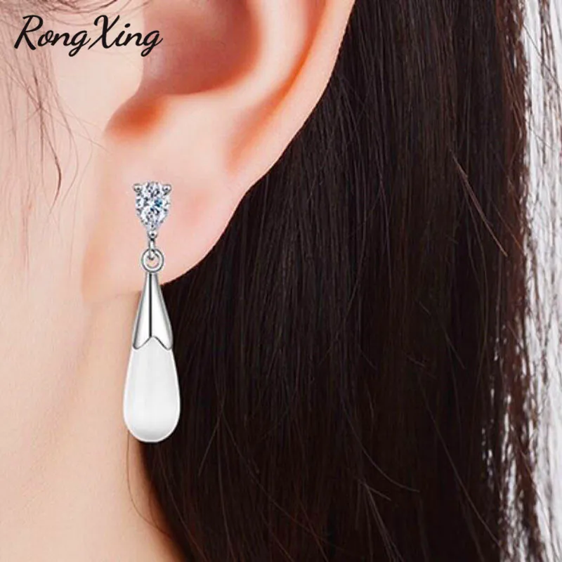 RongXing розовые/белые огненные опалы длинные висячие серьги для женщин серебристый