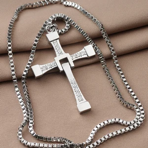 Cross N Silver Chain Настоящее 925 пробы серебряные ювелирные изделия Форсаж 8 Доминик Торетто Вин Дизель Мужчины Женщины крест кулон ожерелье гравировка - Цвет камня: Cross N Silver Chain