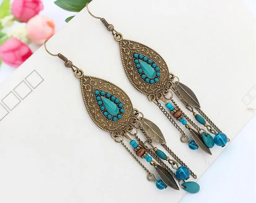 Винтажные серьги в индийском стиле с красивым узором из сплава бусинами листьями и цепочками женские