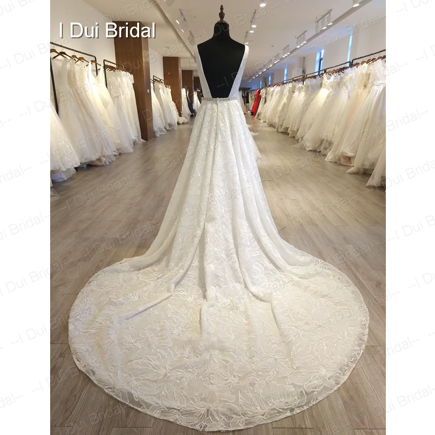 V Neck A line Wedding Dress Solid Lining Crystal Belt Low Back Unique Lace Bridal Gown
