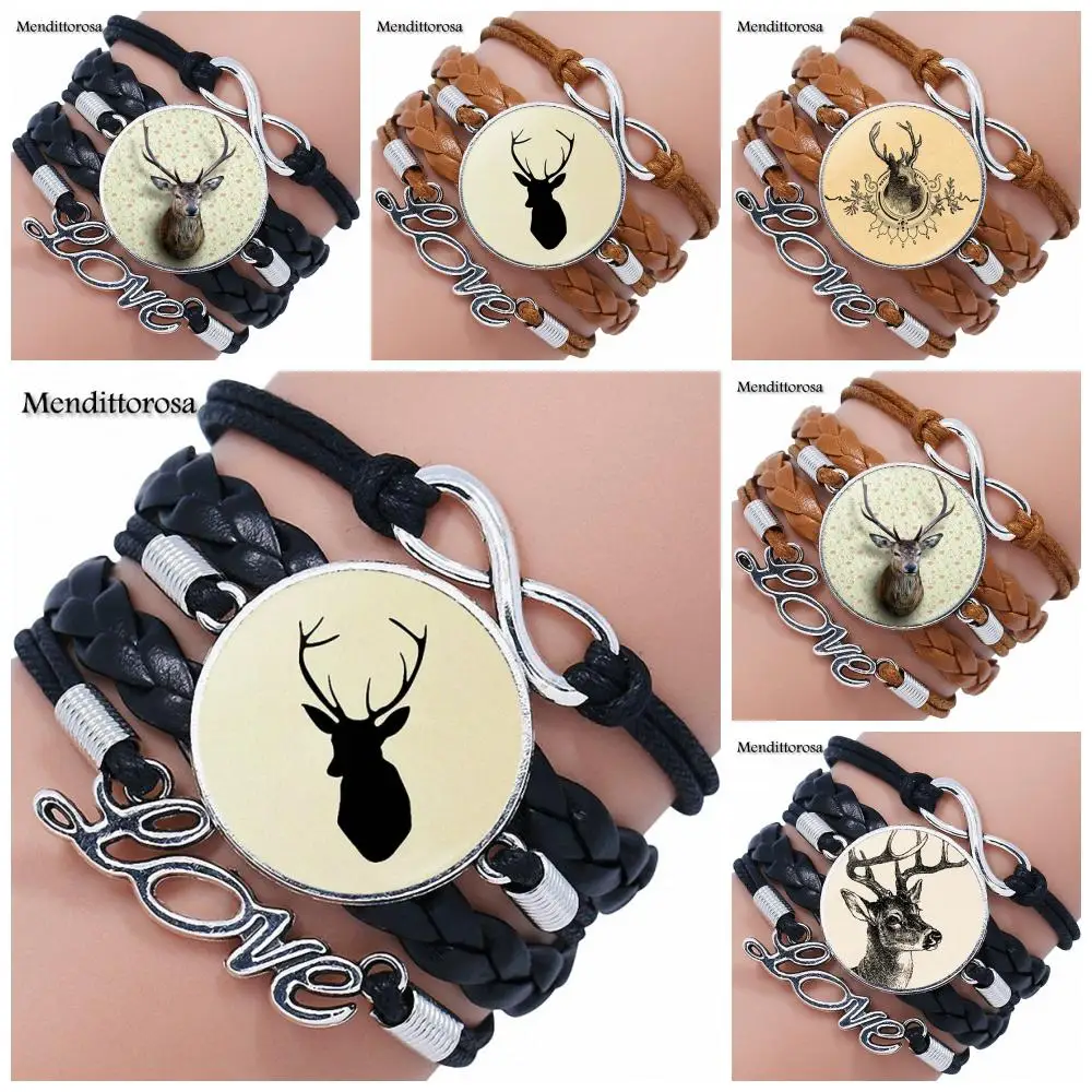 Стеклянный кабошон Многослойный черный/коричневый кожаный браслет ручной