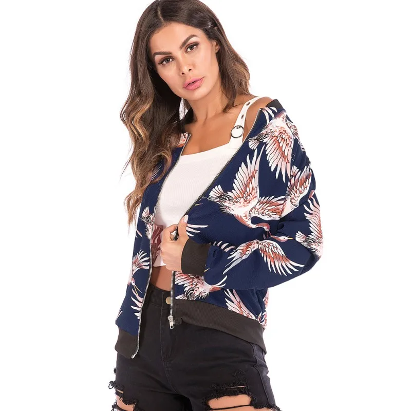 Женская куртка-бомбер на молнии с длинным рукавом и принтом журавлей | одежда