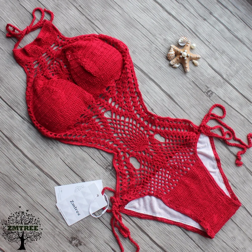 ZMTREE 2017 Новый купальник женские цельные комплекты сексуальный вязаный пляжный