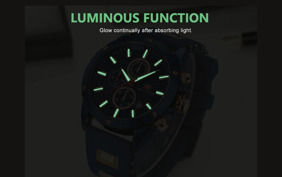 MINIFOCUS стильные спортивные мужские часы Seiko, наручные часы с хронографом для мужчин, Популярные черные и синие мужские часы с силиконовой цепочкой