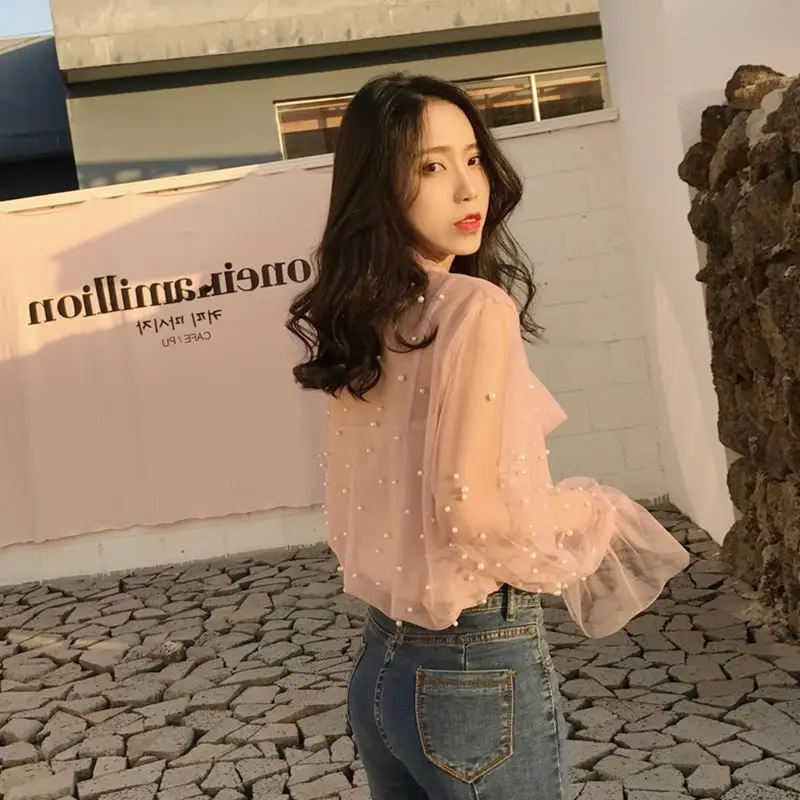 Блузка 2019 лето весна женская шифоновая рубашка марлевая с бантом Бисероплетение