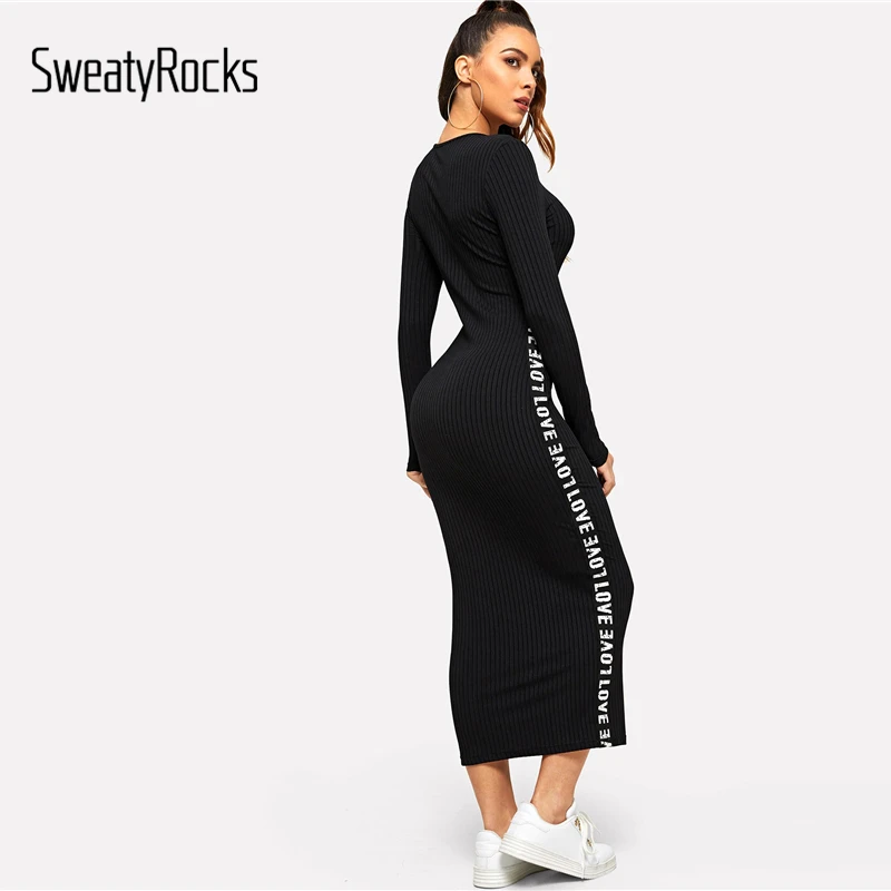 SweatyRocks контрастное платье с буквенным принтом сбоку, с длинным рукавом, уличная одежда для женщин, повседневная облегающая одежда, весна, черные платья макси