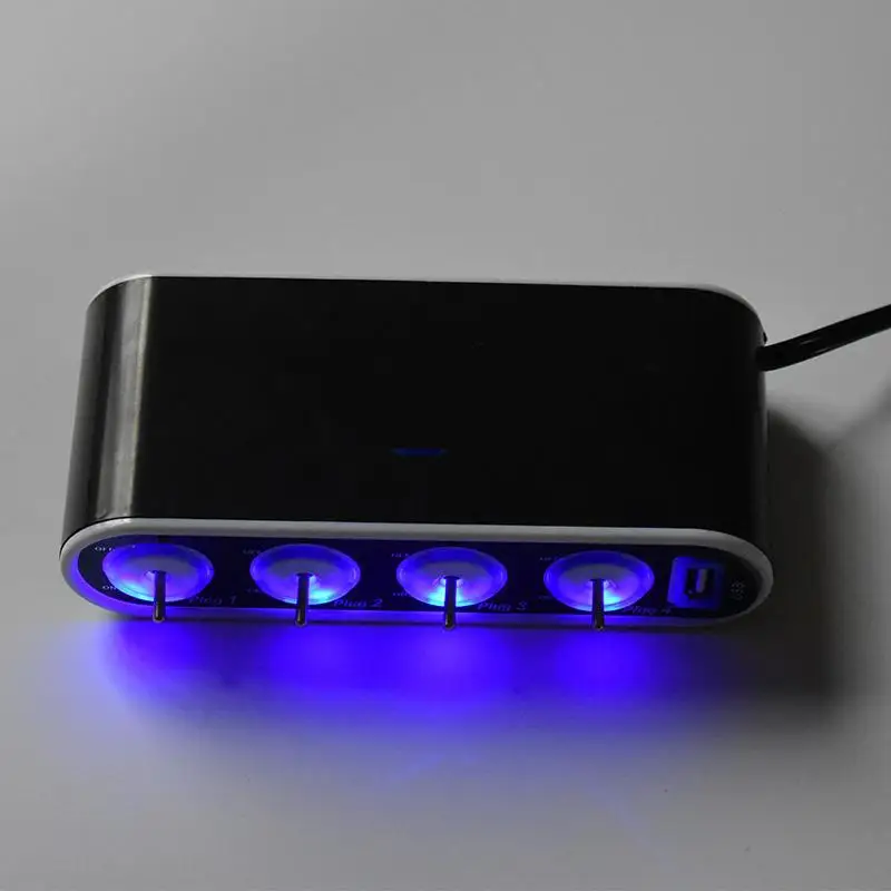 

4 Way Car Power Adapter Cigarette Lighter Socket Splitter Charger 12V/24V USB+LED Light Switch
