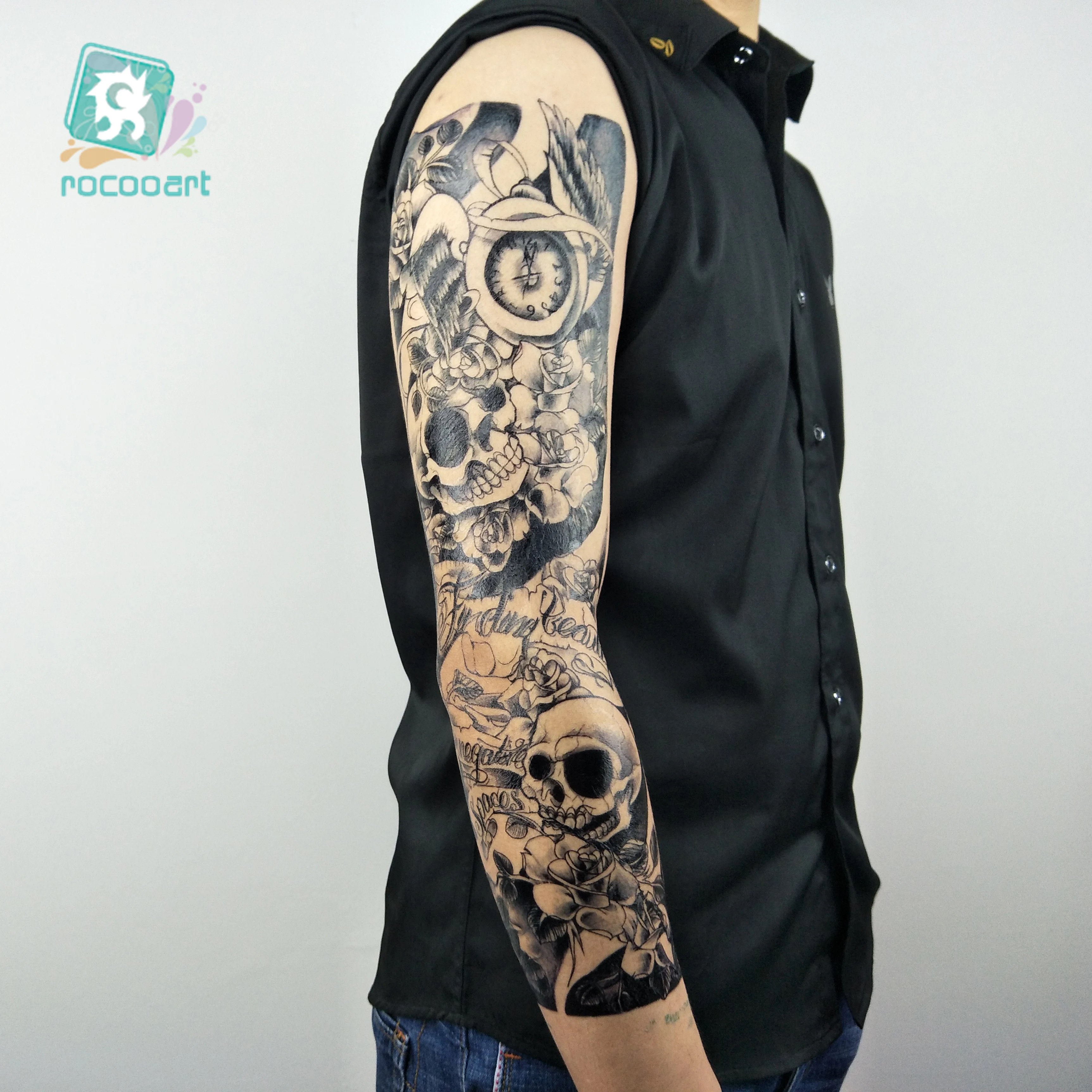 

Rocooart Newest Large Balck Horror Skeleton Temporary Full Arms Decoration Skull Taty for Men Waterproof 6*48cm Tattoo Sticker