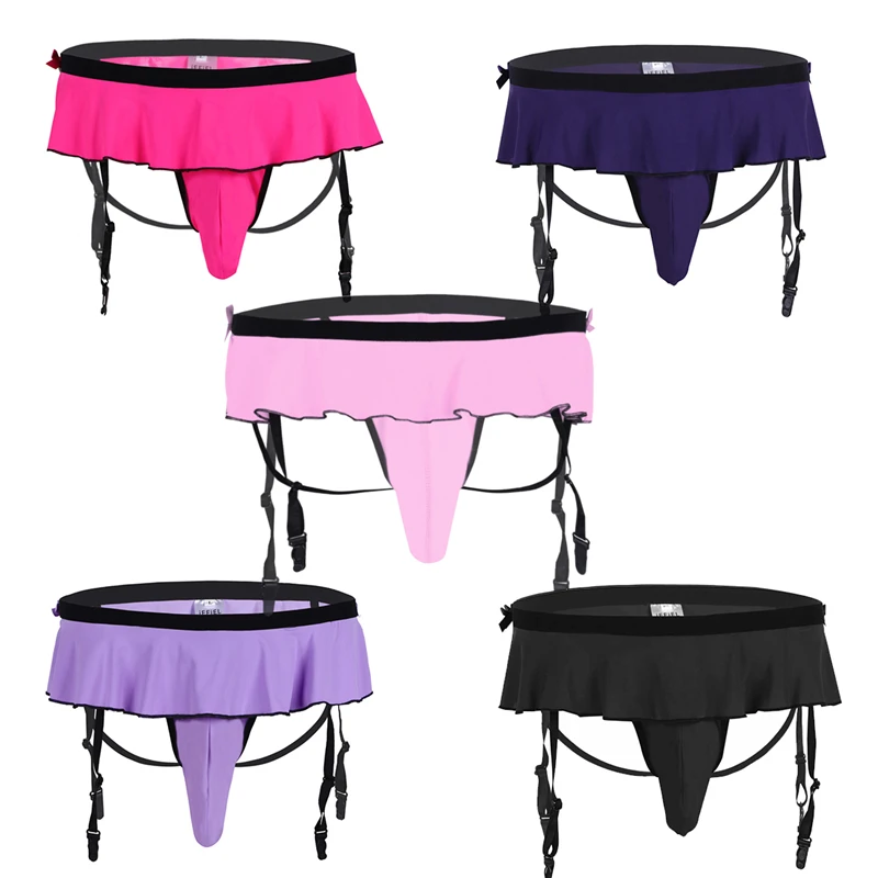 Men Sissy Lingerie Bikini Underwear Ruffle Gay Bulge Pouch Panties with Clips Garter Mens Open Butt Thong Jockstrap |