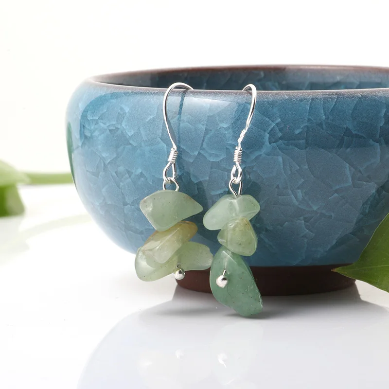 Green Aventurine Новые горячие оптовые ювелирные изделия для женщин ручная работа натуральная каменная крошка длинная бахрома серьги с кварцевым тигровым глазом розовый камень свисающие серьги - Окраска металла: Green Aventurine