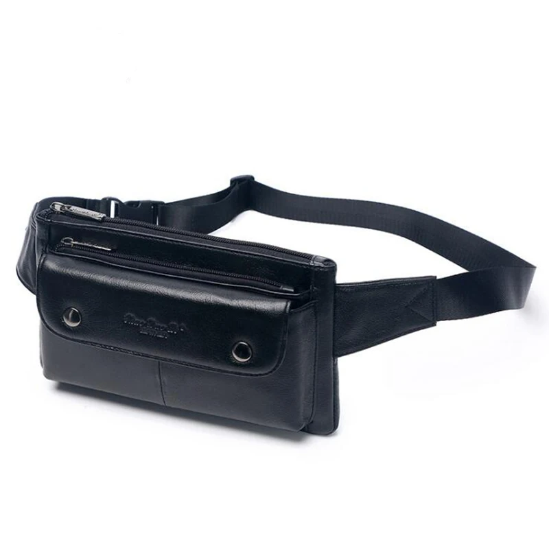 Men Belt Bag Pack Genuine Leather High Quality Multifunction Single Chest Bag Male Real Retro Leisure Hip Fanny Bum Bags - Цвет: Black