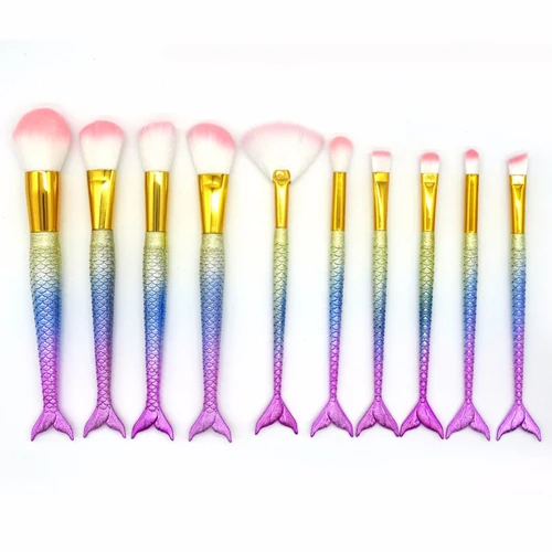 10PCS Pro Brushes 10 шт. Кисть для макияжа в форме русалки рыбья чешуя основа Пудра Тени для век Единорог кисти для макияжа контур Смешивание Косметические Кисти - Handle Color: 10PCS Pro Brushes