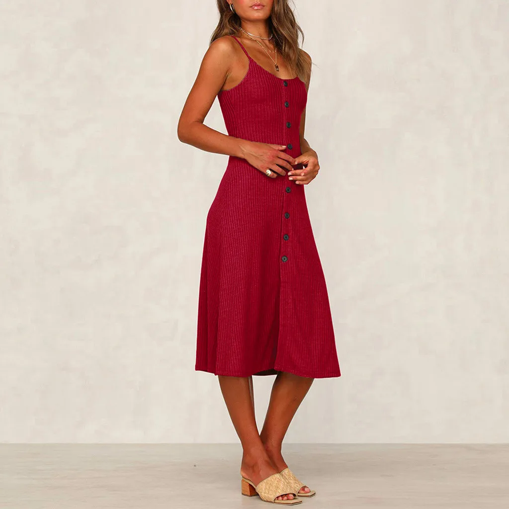 Винтажные летние платья повседневные женские без рукавов на пуговицах до колена