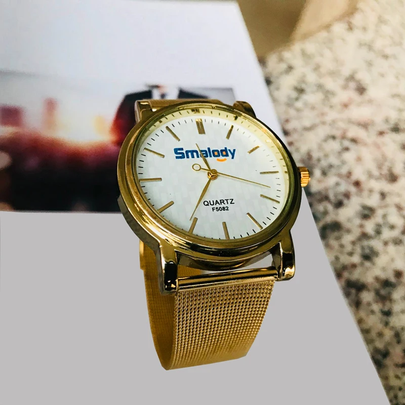 Smalody кварцевые повседневные Роскошные мужские часы F5082 яркая золотая полоса Wirstwatch бренд металлическая сетка часы из нержавеющей стали часы браслет