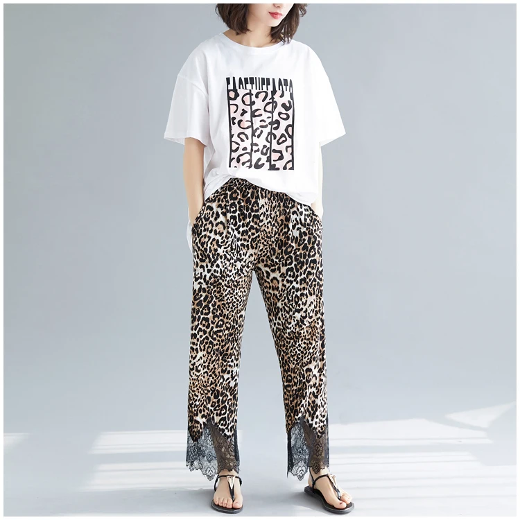 2019 Summer Fashion Streetwear Lace Patchwork Leopard Pants Women Casual | Женская одежда