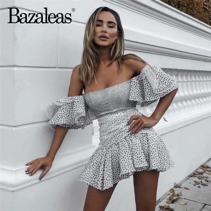 С открытыми плечами пышные рукава vestido в горошек печати лоскутное женское летнее