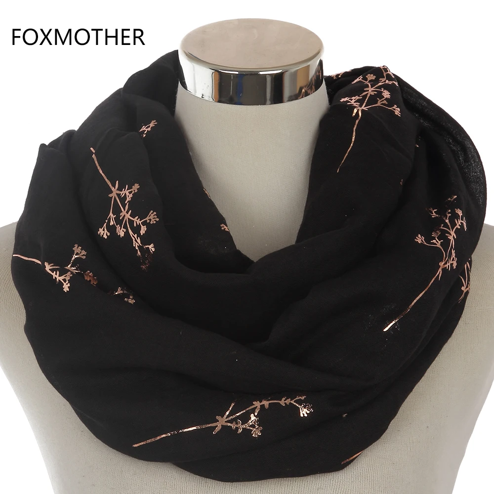 Женский шарф FOXMOTHER, новый дизайн, черный, серый, темно-синий цвет, блестящий цветочный шарф с ветками дерева и знаком бесконечности