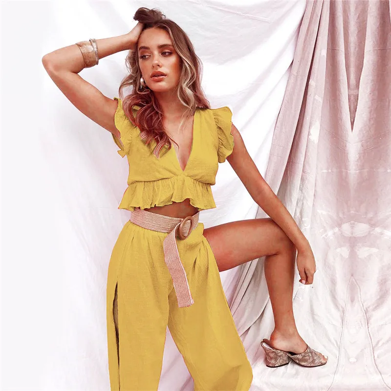 Женский летний комплект из 2 предметов укороченный топ без рукавов с глубоким v