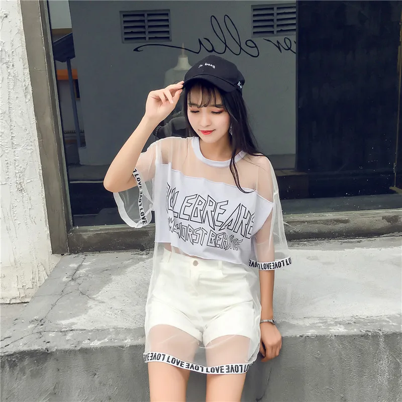 Camisetas Mujer летняя модная футболка Топ Женская одежда корейский стиль Harajuku сетчатая перспективная футболка женские свободные футболки