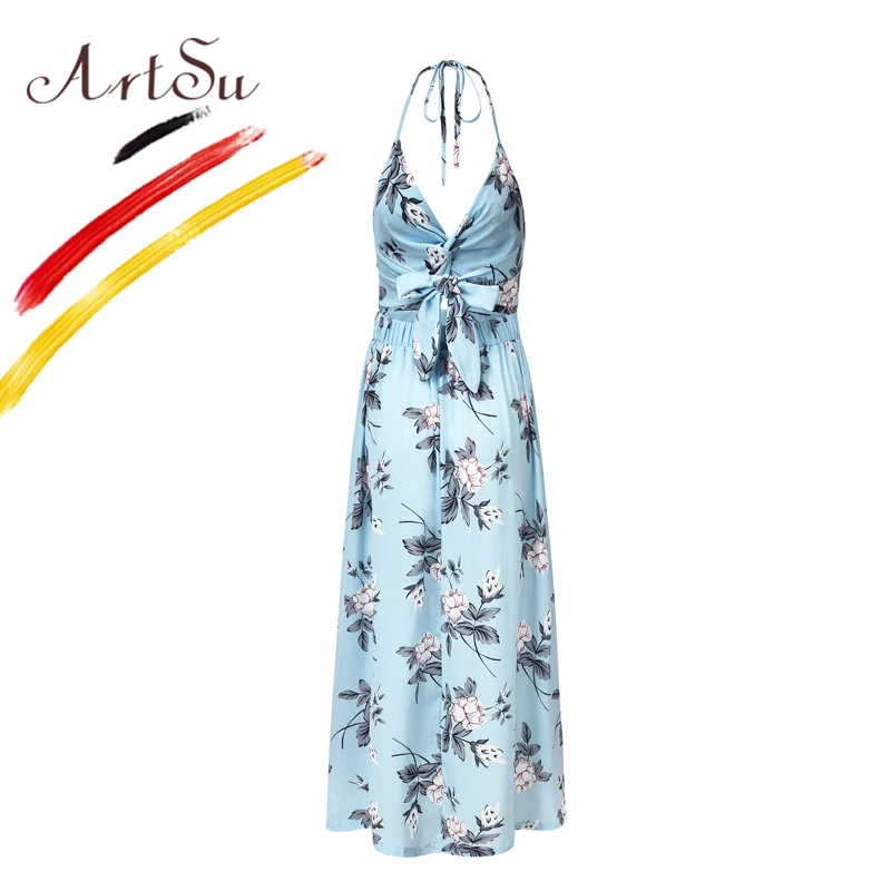 

ArtSu Women Maxi Floral Print Dress Sexy Backless Halter Summer Bandage Dresses Boho Chiffon Casual Long Beach Sundress 2019