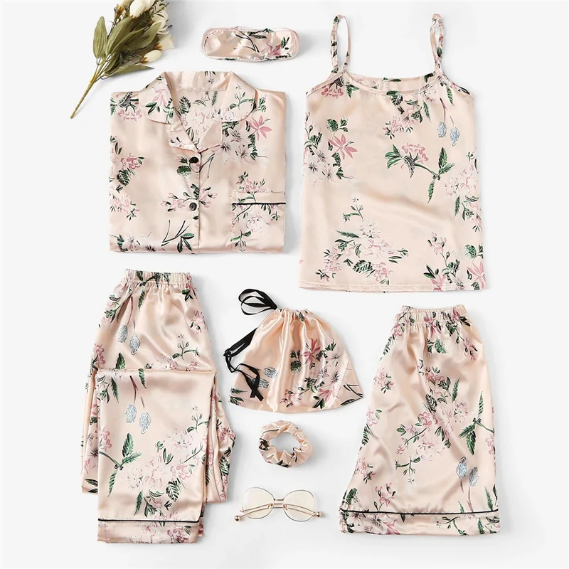 Dotfashion абрикосовый 7 шт. цветочный принт атласный Cami PJ набор с рубашкой пижамы для женщин Весенняя элегантная Домашняя одежда с длинным рукавом