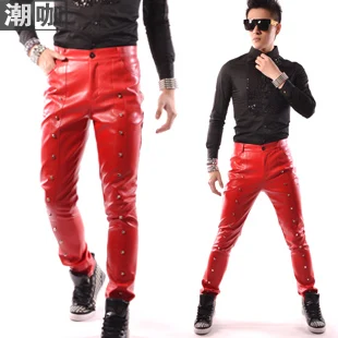 Hot ! Fashion Male Brand Stage Singer Red Rivet Decoration Leather Pants Trousers Casual Pants Men's Clothing Costume