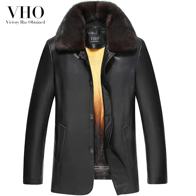 VHO зима брендовые Роскошные Куртки из натуральной кожи мужские средней длины