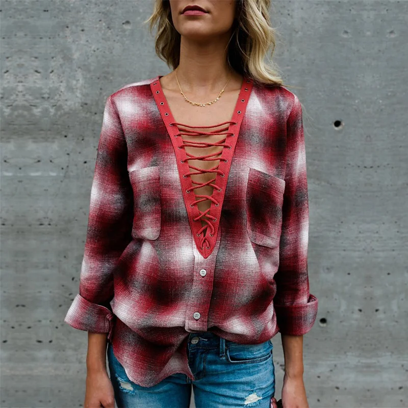 Fashion Womens Tops and Blouses Female Plus Size Casual Long Sleeve Pockets OL Ladies Plaid Shirt Top blusas mujer de moda 2019