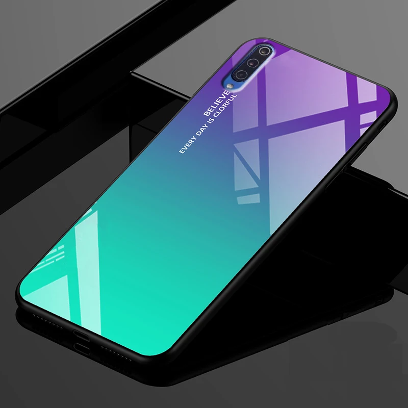 Purple Gradient Case For Huawei P30 Pro P30lite Tempered Glass Back Cover Silicone Edge On Honor 20 7A 7C Pro 8 9 10 Lite 8X 7X Shell - Цвет: Purple