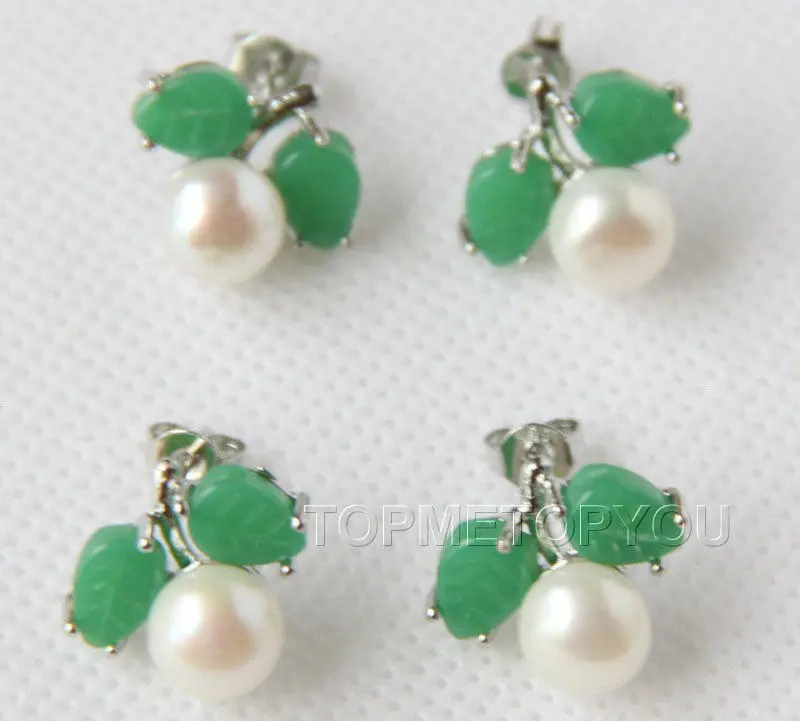 Красивые 2 пары натурального белого жемчуга зеленый нефрит серьги-гвоздики |