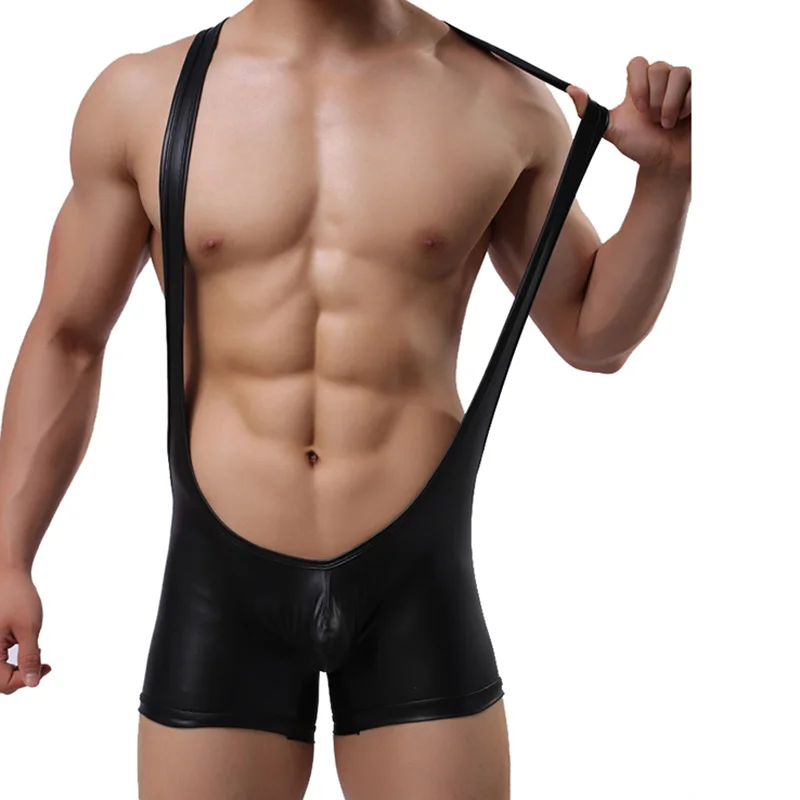 Сексуальное мужское нижнее белье комбинезон из искусственной кожи на подтяжках