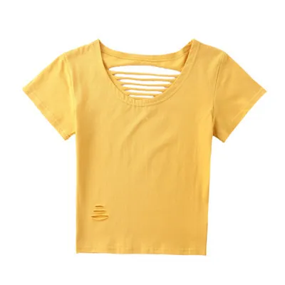 Сексуальная летняя футболка с отверстиями для женщин 2019 рваные футболки круглым