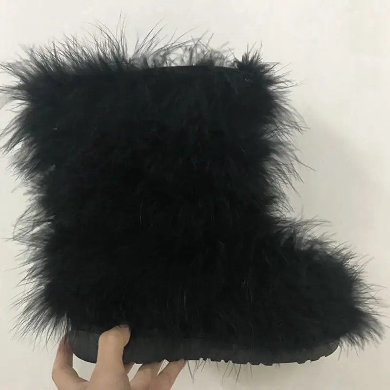 Black 24cm ASILETO/зимние женские теплые ботинки; теплые лыжные ботинки на плоской подошве из натурального меха страуса и перьев; ботинки; 568 - Цвет: Black 24cm