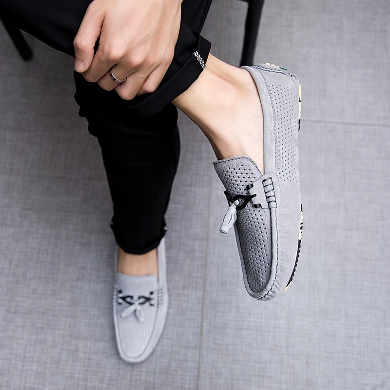 Мужские замшевые лоферы без застежки синие повседневные Мокасины топ-сайдеры