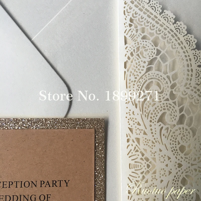 Ivory Lace Laser Cut Wedding Invitations With rose gold gillter ribbon/backgroud Rectangle Wedding Die Cut Laser Cut Traditional