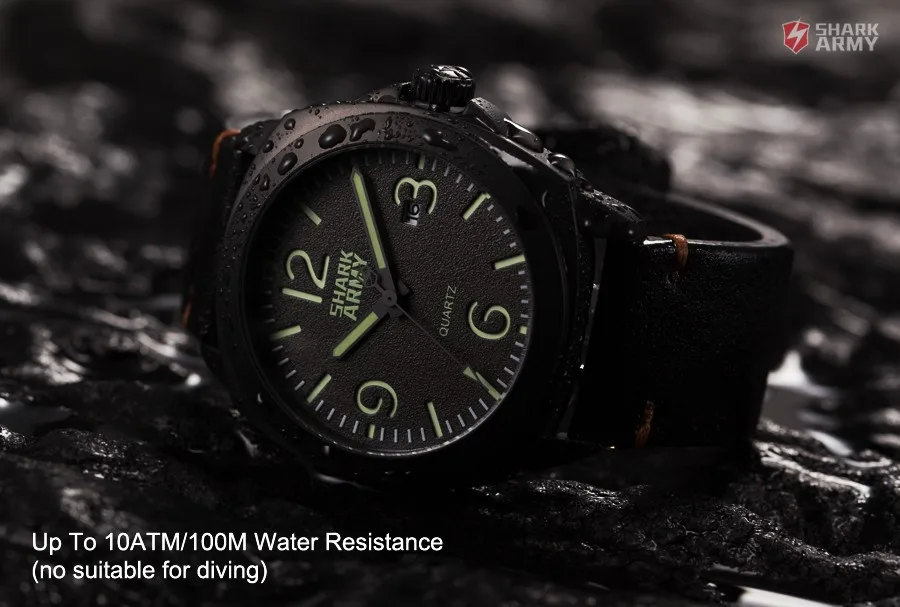 Army Shark Relogio Curren 100 м водонепроницаемые светящиеся черные часы с кожаным ремешком из нержавеющей стали военные кварцевые часы/SAW184